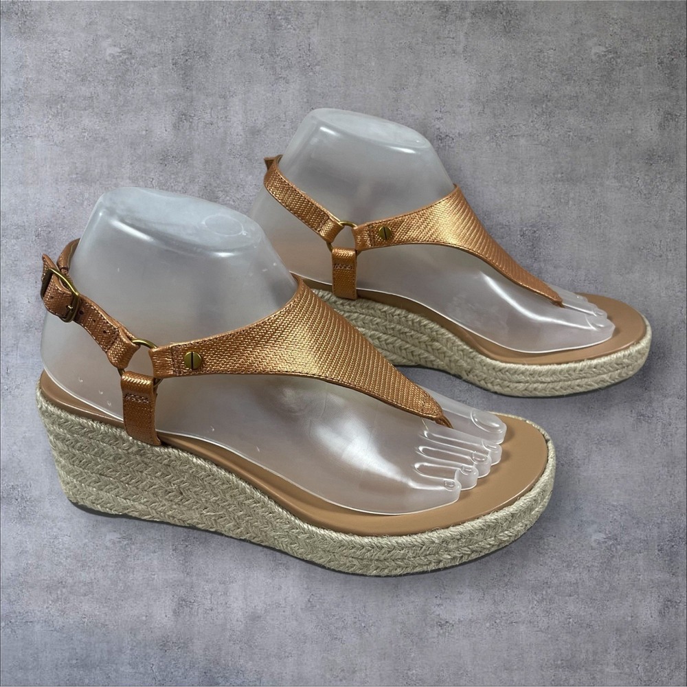 Vionic Kirra Wedge Metallic Copper Leather Thong Sandals Womens 7 Wide Comfort